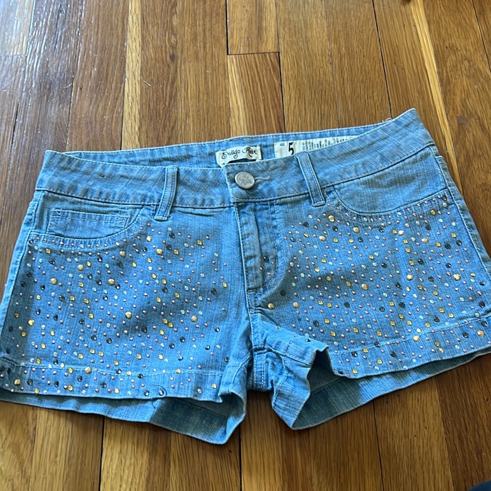 Indigo Rein rhinestone shorts.